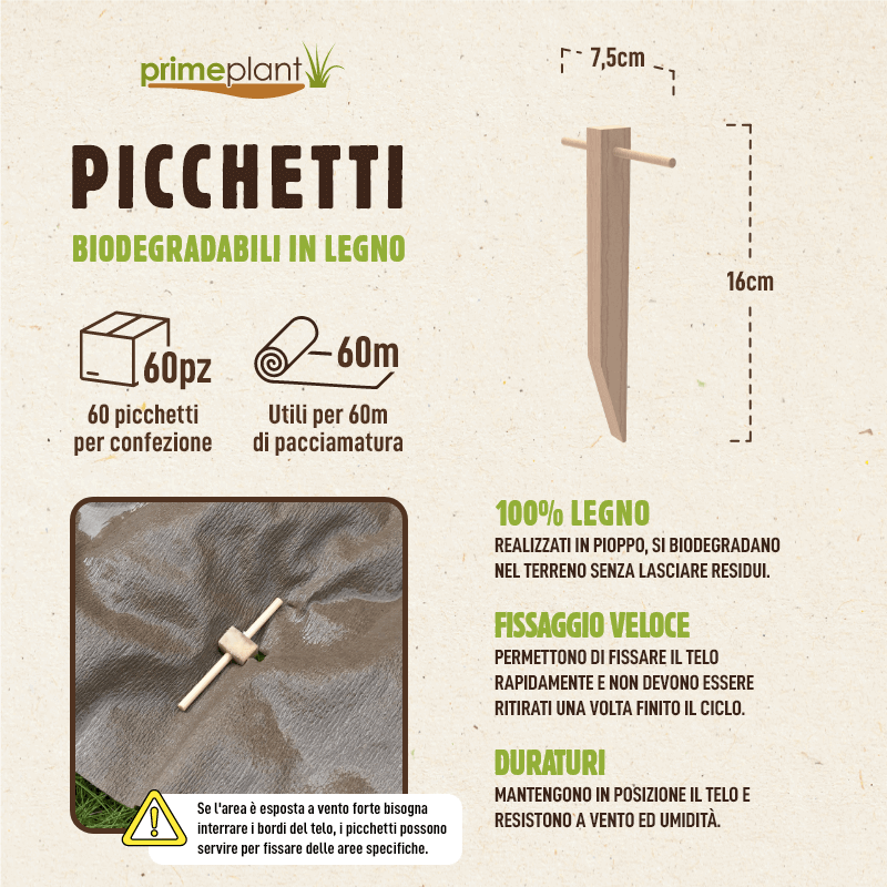 60 Biodegradable Poplar Wood Pegs – Natural fixing for mulch fabric (for approx. 60m)