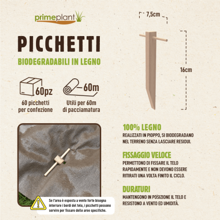 60 Picchetti biodegradabili in legno di Pioppo – Fissaggio naturale per il telo da pacciamatura (per circa 60m)